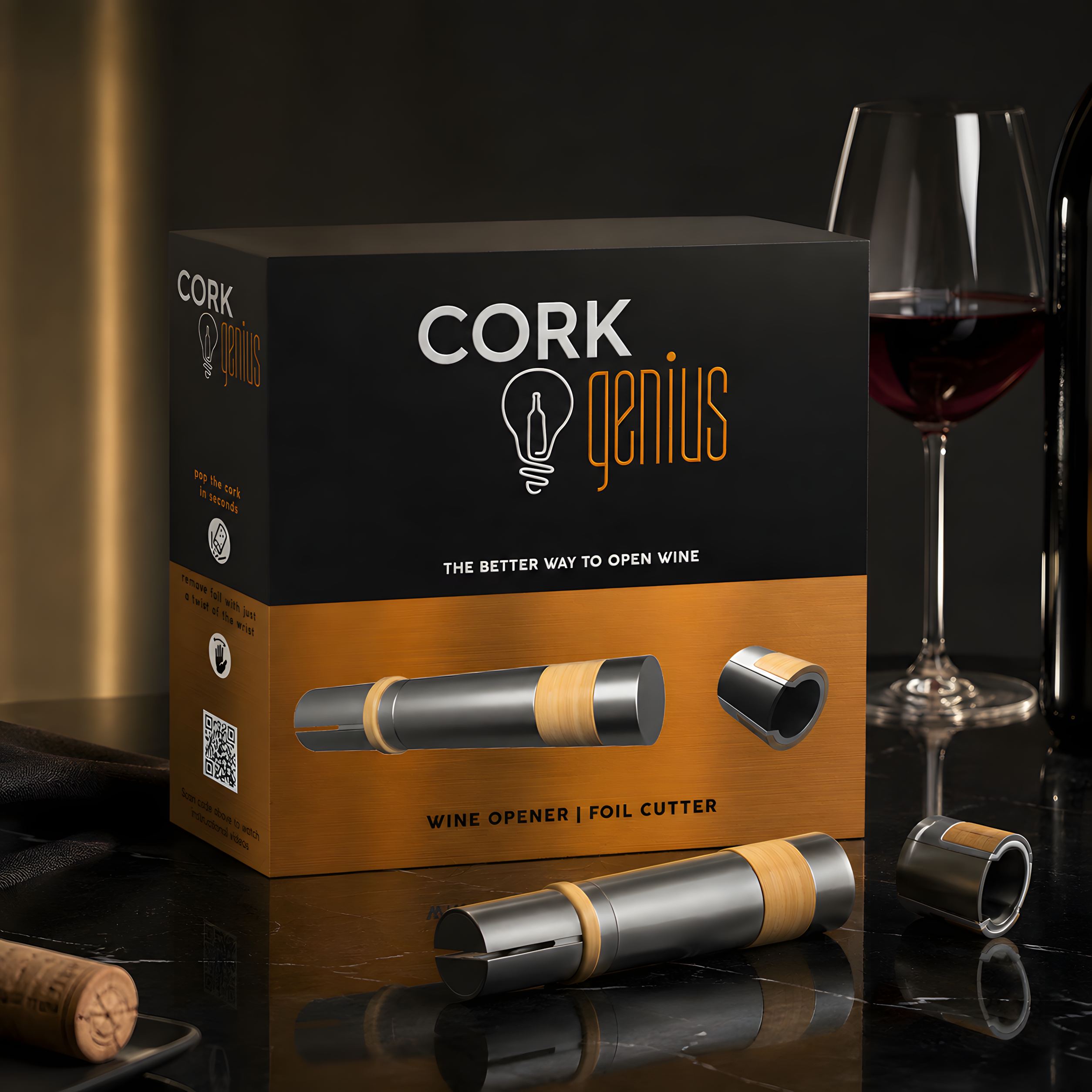 Cork Genius wine opener packaging with product components and wine glass